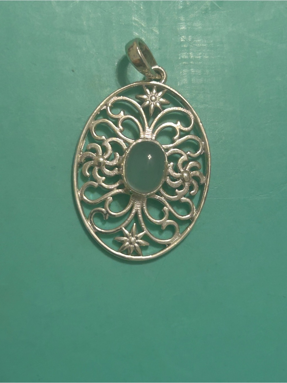 Sterling Silver Filigree Pendant Necklace with Blue Green Oval MoonStone